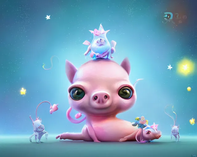 Image similar to 3D Fantasy Cute and adorable space piglet princess, huge adorable eyes, bright stars, Smooth 3D Illustration, soft render, Servando Lupini, Daniil Kudriavtsev, handpaint texture, Blender, 3DCoat