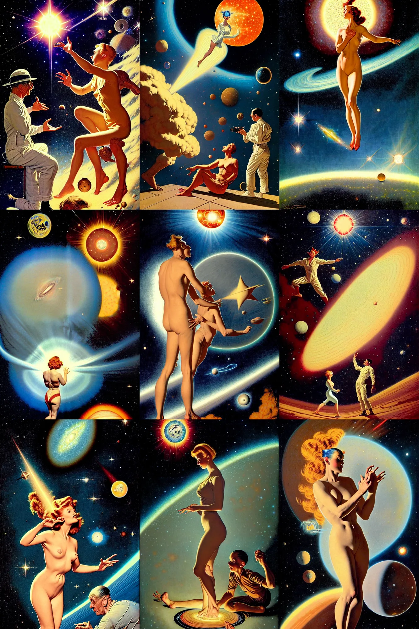 Prompt: the birth of a star by gil elvgren and norman rockwell and rob gonsalves and david mattingly and christopher balaskas and john harris and virgil finlay and dean ellis and jack gaughan and earle kulp bergey, frank rudolph paul, hyperrealistic, high detail, ultra detailed, space, nebula, sharp focus, stellar formation, astronomy