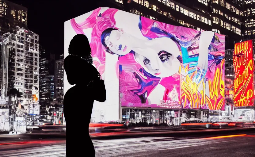 Prompt: night time photo of billboard advertisement of extremely beautiful female black marble statue in the style of virgil abloh, colorful motocross logos behind her, sharp focus, clear, detailed,, cinematic, detailed, off white, glamourous, symmetrical, vogue, editorial, fashion, magazine shoot, glossy