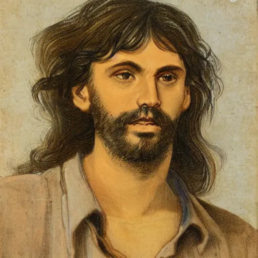 Prompt: a Greek man with long brown hair, full body, Jean Auguste