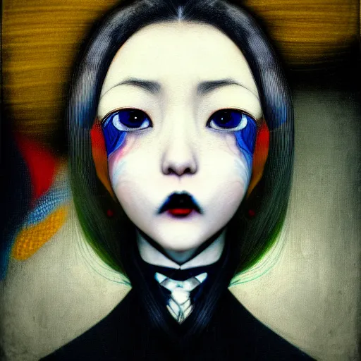 Prompt: yoshitaka amano blurred and dreamy realistic three quarter angle portrait of a woman with long white hair, black eyes and black lipstick wearing dress suit with tie, junji ito abstract patterns in the background, satoshi kon anime, noisy film grain effect, highly detailed, renaissance oil painting, weird portrait angle, blurred lost edges
