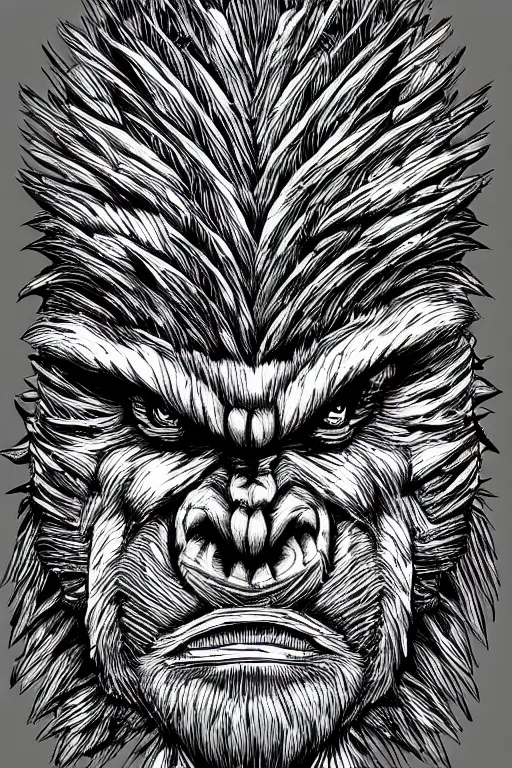 Prompt: pineapple ape humanoid figure monster, symmetrical, highly detailed, digital art, sharp focus, trending on art station, kentaro miura manga art style