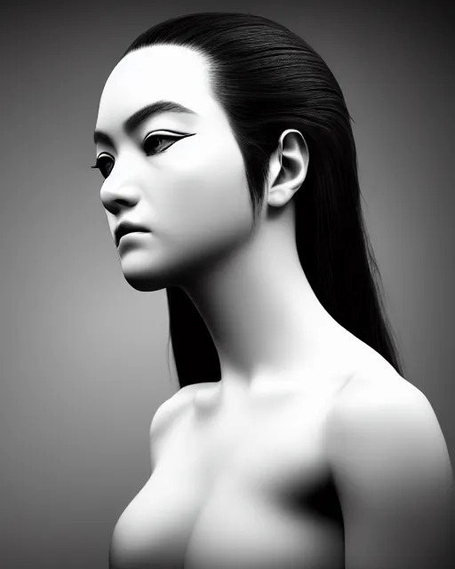 Image similar to black and white side portrait ultra detailed, beautiful female android, deity, sharp focus, highly detailed global illumination, concept art. 8 k