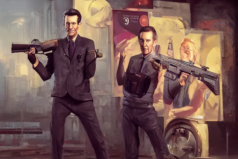 Image similar to portrait of bob barker holding an ak - 4 7, price is right set in background, charlie bowater, artgerm, ilya kuvshinov, krenz cushart, ruan jia, realism, ultra detailed, 8 k resolution