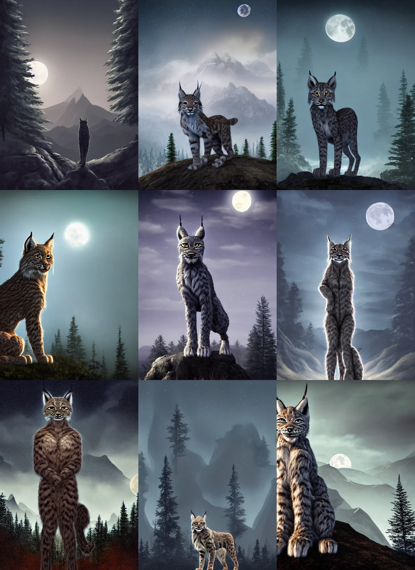 Prompt: anthropomorphic male lynx, standing tall, night, spruce trees on the sides, mountains in the background, eerie dark atmosphere, moonlit, back light, matte painting in fantasy style