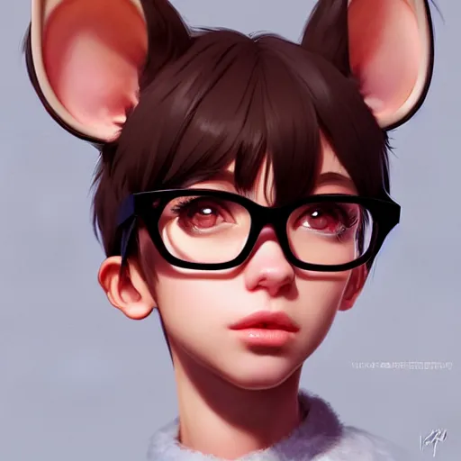 Prompt: character design portrait of an anthropomorphic furry rat girl with rat ears, wearing medium - sized glasses, eyelids half closed, concept art, by wlop, ilya kuvshinov, artgerm, krenz cushart, pixiv.