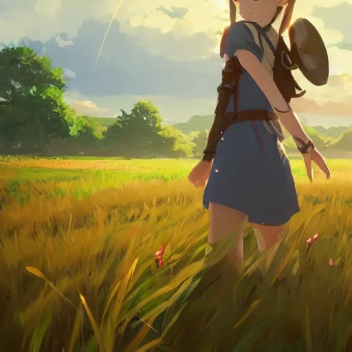 Image similar to zelda in a field. cgsociety masterpiece, artstation trending, by rossdraws, ghibli, kimi no na wa, greg rutkowski, simon stalberg, greg manchess