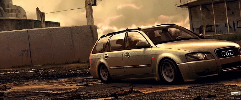 Prompt: Audi A4 B6 Avant (2002), a post apocalyptic, dramatic lighting, cinematic, establishing shot, extremly high detail, photorealistic, cinematic lighting, artstation, style by greg rutkowsky, Max Payne (PC) (2001) landscape