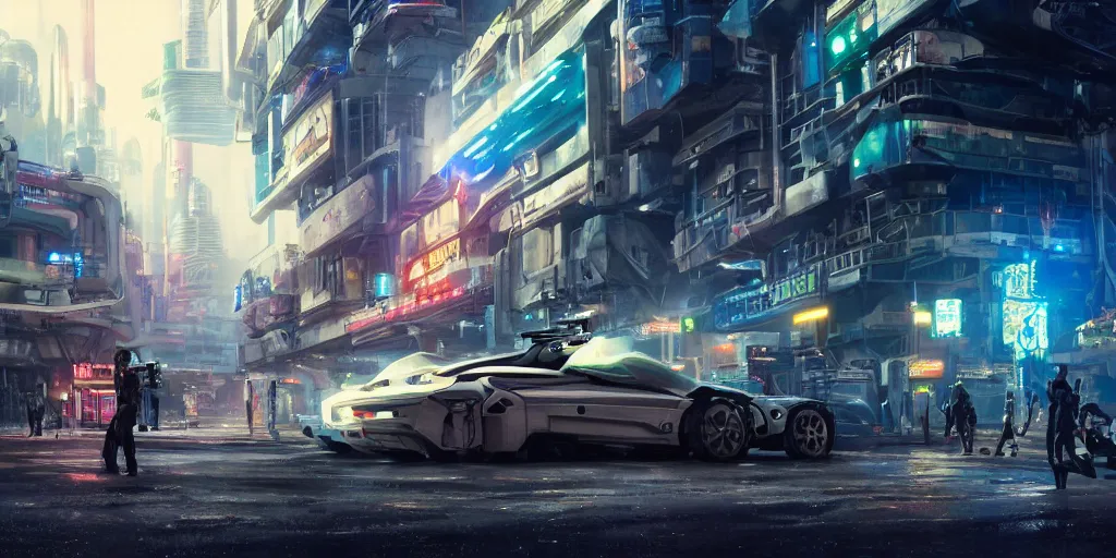 Prompt: exterior shot, ready player one, police department, scifi futuristic vehicles, robots , people , neon lights, james gurney, katsuhiro otomo, james paick, cinematic lighting, artstation, vibrant nature, anime style, Craig Mullins, Greg Rutkowski, Pete Morbacher, Tuomas Korpi, tekkon kinreet, volumetric light, artstation, , octane render, redshift render, low angle camera, HDRI