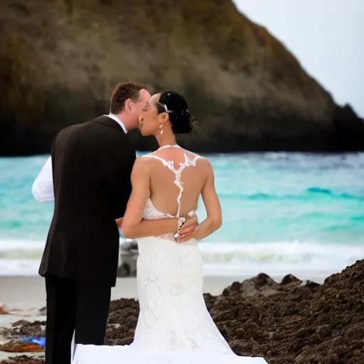 Prompt: a wedding is held on the beach with the bride and groom standing in the water, wedding photo