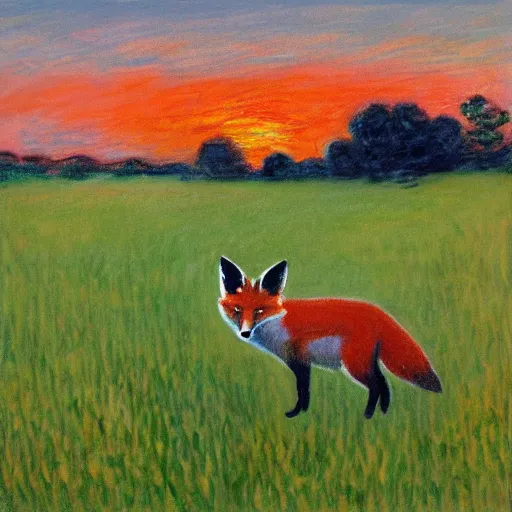 Image similar to a painting of a fox sitting in a field at sunrise in the style of Claude Monet