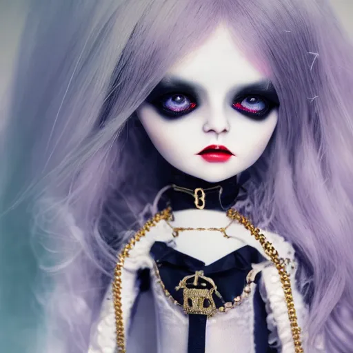 Prompt: lovely realistic ball jointed high end blue gold vampire doll with fashion and cute accessories, inside gothic doll manor bedroom, god rays, dust particles, photorealistic, aesthetic shot, worms eye view, macro camera lens, high definition, thematic, cinematic, lens flare