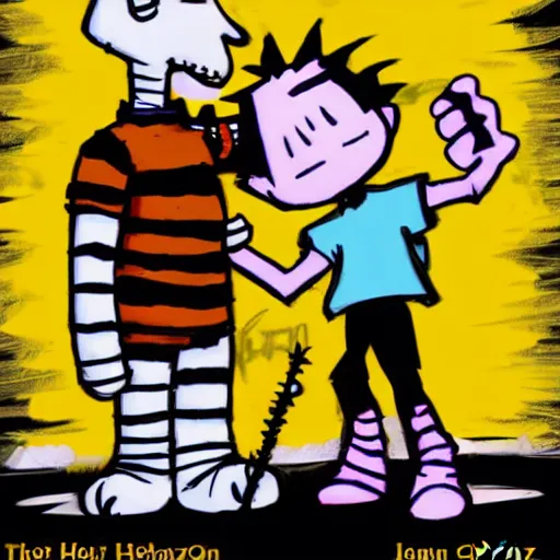 Image similar to calvin and hobbes in the style of jhonen vasquez,