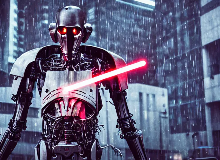 Image similar to 3 5 mm portrait photo of general grievous with heavy duty biomechanical cybernetic body with 4 arms holding 4 activated red lightsabers in the city in the rain. cyberpunk horror style.