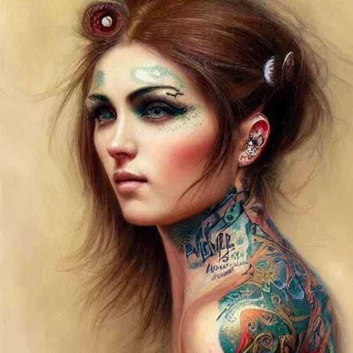 Prompt: photorealistic painting of a female tattooed face with piercings, realistic eyes, symmetric face, beautiful bone structure, dark blonde long hair, painting by gaston bussiere