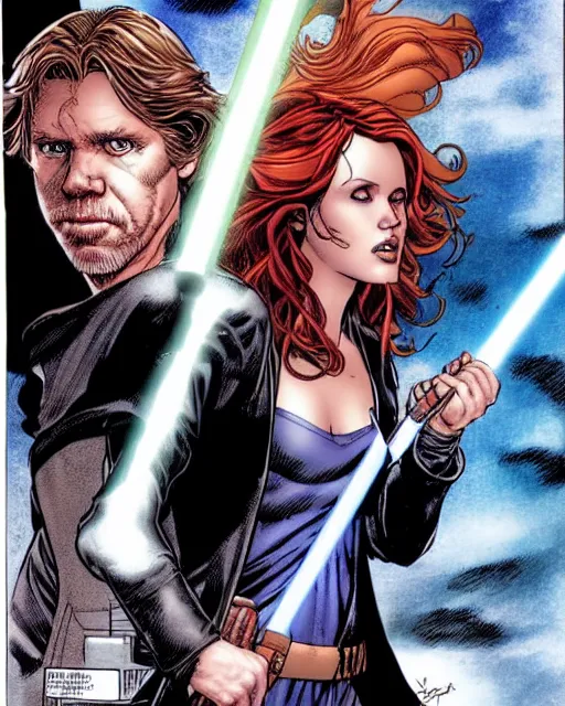 Image similar to mara jade and luke skywalker, cover art by jim lee