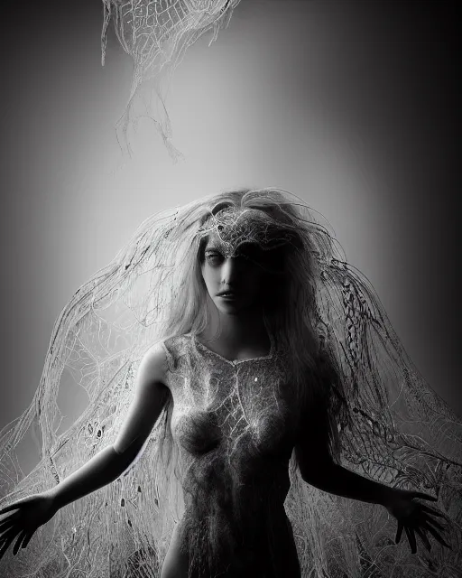 Image similar to surreal mythical dreamy dark artistic black and white fine art photo of a beautiful young female angel - mermaid - cyborg covered with translucent algae lace web, rim light, cinematic, studio dramatic light, poetic, octane render, 8 k, photo - realistic, by floria sigismondi