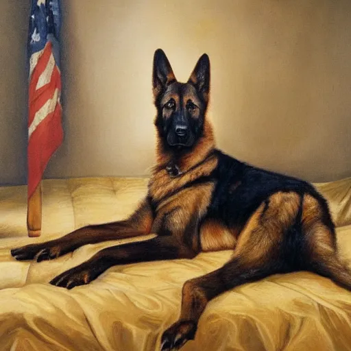 Image similar to a oil painting of a humanoid german shepherd beast - man, wearing military outfit, sitting on the carpeted floor beside a bed