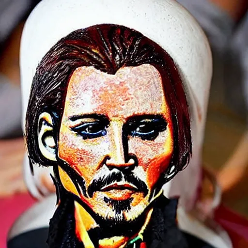 Image similar to johnny depp made out of jambalaya, a human face made out of a bowl of jambalaya