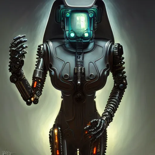 Image similar to low angle shot of a cyberpunk gazmask robot character, intricate, elegant, highly detailed, centered, digital painting, artstation, concept art, smooth, sharp focus, illustration, artgerm, Tomasz Alen Kopera, Peter Mohrbacher, donato giancola, Joseph Christian Leyendecker, WLOP, Boris Vallejo