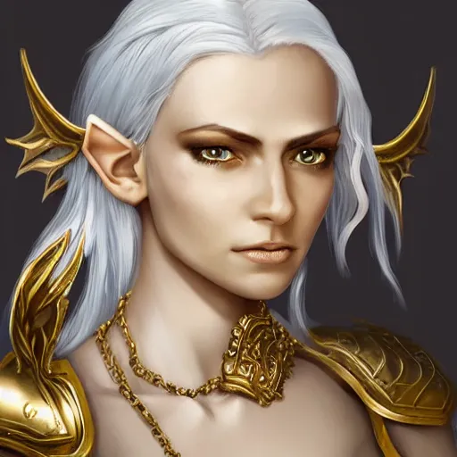 Image similar to side portrait!!! of a female elven warrior, fantasy, head tilted down, white hair, gold armour, gold jewelry, white skin, detailed face, trending on artstation, gsociety, D&D, elegant, highly detailed, sophisticated, hyperrealistic!!!!!, detailed illustration, smooth, sharp focus, upper body, intricate, rule of thirds, holy glow, backlit, hd 4k by Greg Rutkowski, Charlie Bowater, Karol Bak