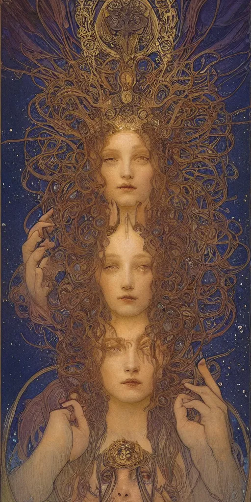 Image similar to portrait burning saint face, venus, athena, halo, by alphons mucha and annie swynnerton and jean delville, strong dramatic cinematic lighting, ornate headdress, flowing robes, spines, flowers, stars, lost civilizations, smooth, sharp focus, extremely detailed, marble, molten gold, space