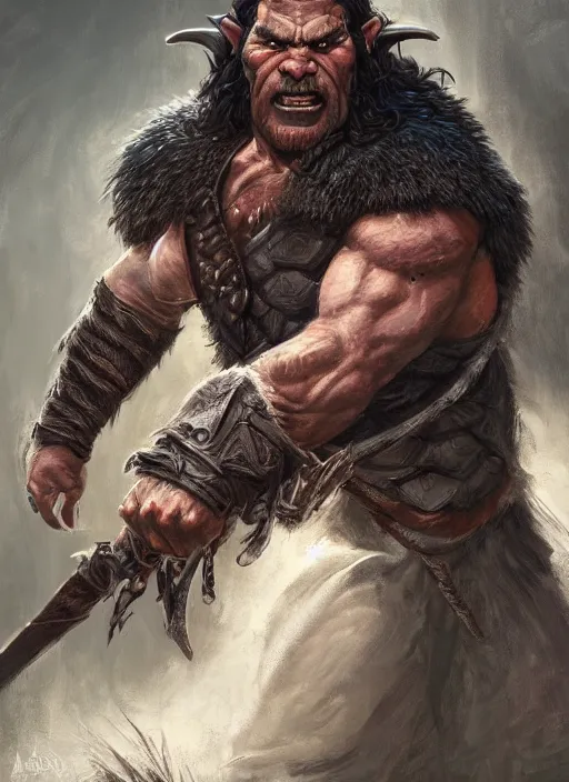 Image similar to realistic portrait painting of a male half - orc fantasy barbarian warrior, old mystic ruins, afternoon, intricate, elegant, highly detailed, digital painting, sharp, focus, by artgerm and greg rutkowski