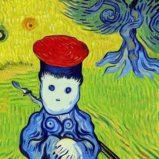 Image similar to ghost wearing a party hat and holding a sword in a japanese garden, van gogh painting,