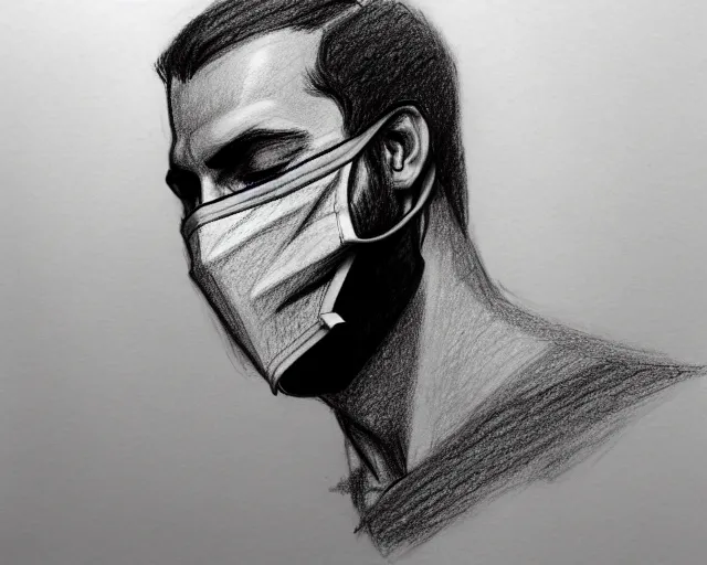 Image similar to draft drawing of a european man covering face with mask, draft sketch, thin stroke, trending on artstation, context art, pencil sketch, high detail