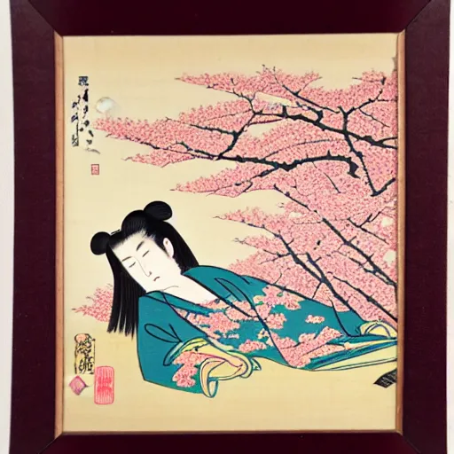 Image similar to japanese edo period woodblock print of a girl laying underneath pink blossoming cherry trees in the background