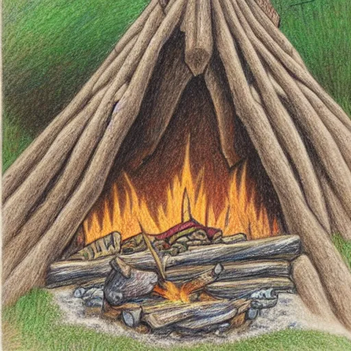 Image similar to a dragon native living in a small clay hut near a campfire, extremely stunning and detailed colored pencil drawing