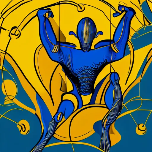 Image similar to human man that resembles a wasp morh in surreal sketch style, blue and yellow gradient, noise, ultrafine detail, hd 8k, logo illustration