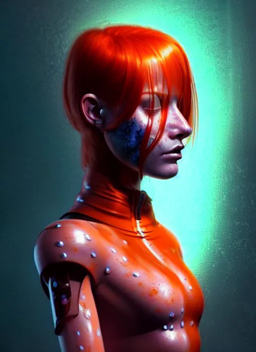 Image similar to an extremely detailed beautiful redhead scandinavian female humanoid with freckles, by loish, d & d, fantasy, cyber neon lighting, futurism, cyberpunk glossy latex suit, elegant profile posing, perfect anatomy, hyper photorealistic, digital photography, artstation, pinterest, concept art, art by pascal blanche and greg rutkowski,