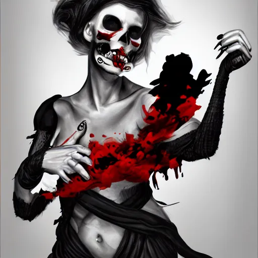 Image similar to Female death holding a red and black skull with the top cut off in one hand up to her face like hamlet, kodachrome, high contrast, highly detailed, sharp focus, digital painting, concept art, illustration, trending on artstation,