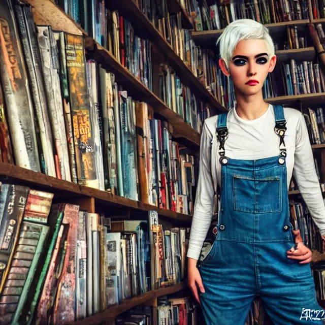 Image similar to full body pose, beautiful adult fairy, short white hair shaved sides, dirty, grungy, grunge, long sleeve, painted overalls, stacks of giant books, highly detailed, 4 k, hdr, smooth, sharp focus, high resolution, award - winning photo, artgerm, photorealistic