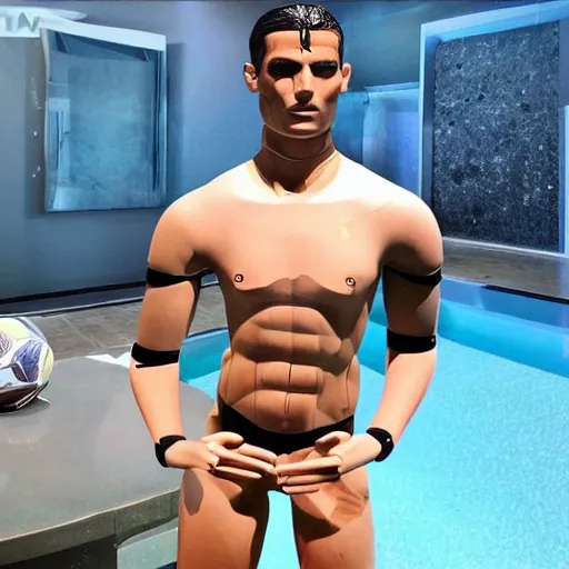 Image similar to a realistic detailed photo of a guy who is an attractive humanoid who is half robot and half humanoid, who is a male android, soccer player cristiano ronaldo, shiny skin, posing like a statue, blank stare, by the pool, on display, showing off his muscles, humanoid robot, mannequin challenge