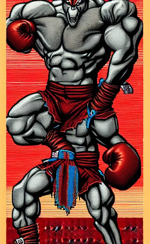 Image similar to 8 bit nes graphics. antropomorphic muscular masculine wolf. kickboxer fighter, in shorts. wolf head. fine details, very sharp, art from nes game cartridge, marc simonetti and hermann nitsch