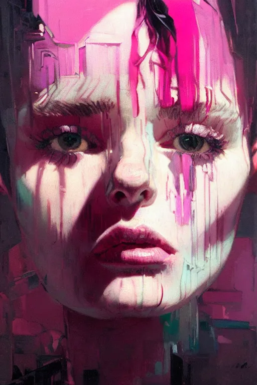 Prompt: portrait of a beautiful sad girl, dark hair, shades of pink, beautiful face, rule of thirds, intricate outfit, spotlight, by greg rutkowski, by jeremy mann, by francoise nielly, by van gogh, digital painting