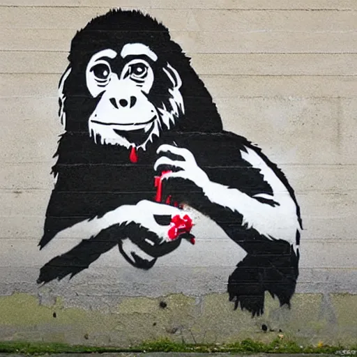 Image similar to ape as a artist made by banksy