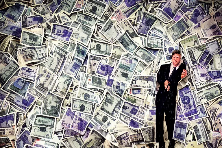 Prompt: stunning beautiful photography of Mike Blazer like a boss under the rain of 100 us dollar bills, Wall Street, from a Times magazine award winning photo, professional photoshoot, taken with Sony alpha 9, sigma art lens