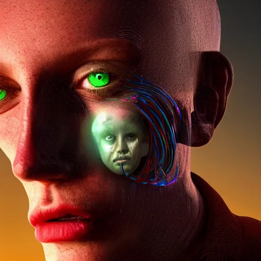 Prompt: full face close up portrait, visions of chaos in a thriving dystopia, by peter woodroffe, by igor morski, by laurie lipton, in a cyber - punk ally, cinematic lighting, volumetric lighting, neosurrealism, realistic shadows, particle effects, rendered in octane, punk, electric, cosmic, cybernetic