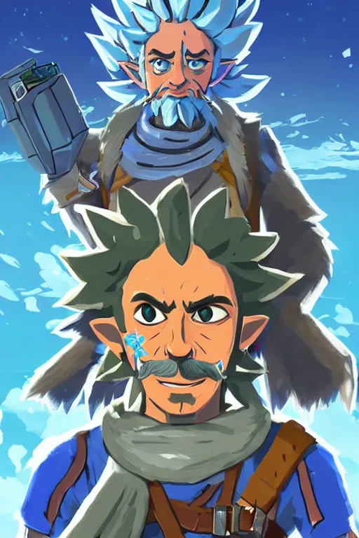 Prompt: an in game portrait of rick sanchez from the legend of zelda breath of the wild, breath of the wild art style.