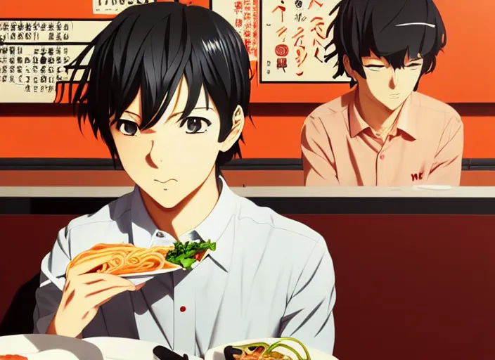 Prompt: anime visual, full body illustration a young man having lunch at a ramen stand, handsome face by ilya kuvshinov, yoshinari yoh, makoto shinkai, katsura masakazu, dynamic perspective pose, detailed facial features, kyoani, rounded eyes, crisp and sharp, cel shad, anime poster, ambient light,