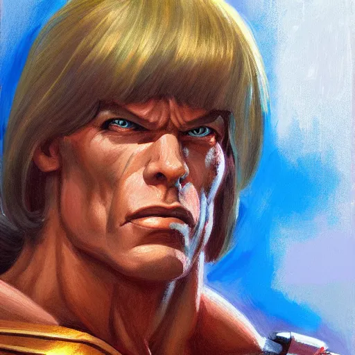 Image similar to portrait painting of he - man in style of kenne gregoire, 4 k,, highly detailed, epic lighting