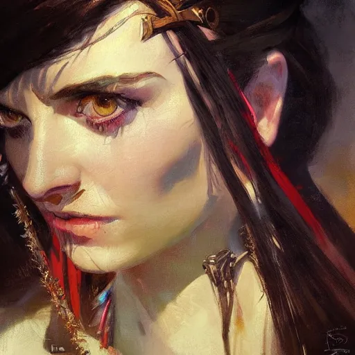 Image similar to an close up oil drawing of a gipsy tiefling in style of witcher, renaissance painting, art by anders zorn, wonderful masterpiece by greg rutkowski, expressive brush strokes, beautiful cinematic light, american romanticism by greg manchess, jessica rossier fantasy art, concept art, official art, hd mod