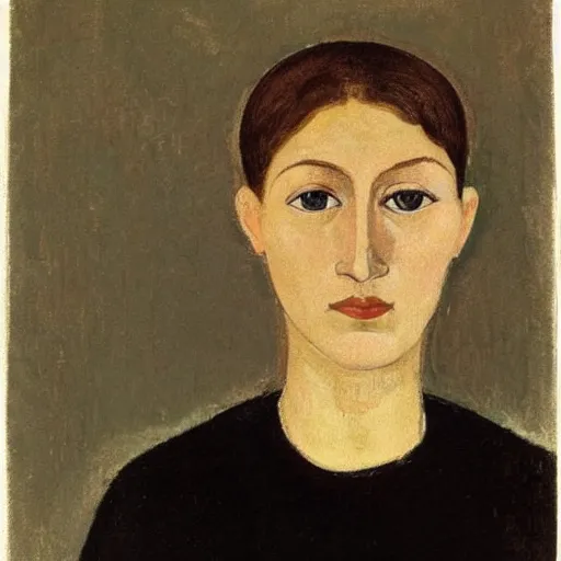 Image similar to A beautiful print. She looks up at me, up and down. She has short-cropped hair, and a scar on her left cheekbone: just a line of black against her deep tan, precise and geometrical. Her eyes are pale green. by Paula Modersohn-Becker swirling, composed