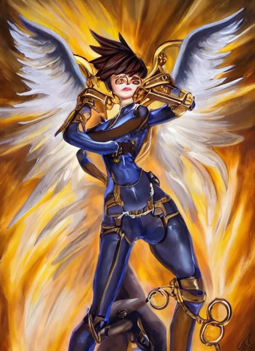 Image similar to full body oil painting of tracer overwatch in the style of julie bell, angel wings, dramatic painting, symmetrical composition, ornate, golden chains, silky garment, high detail, gold detailed collar!!!!!, blooming, angelic, lights, flowers, heavenly, bright, detailed face,