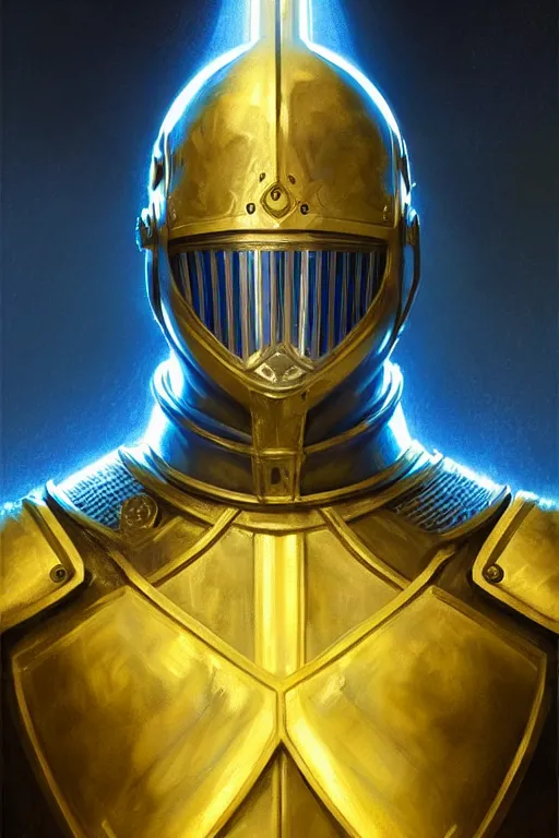 Image similar to medieval knight technological, blue and yellow glow, realistic portrait full body, symmetrical, highly detailed, digital painting, artstation, concept art, smooth, sharp focus, illustration, cinematic lighting, art by artgerm and greg rutkowski and alphonse mucha