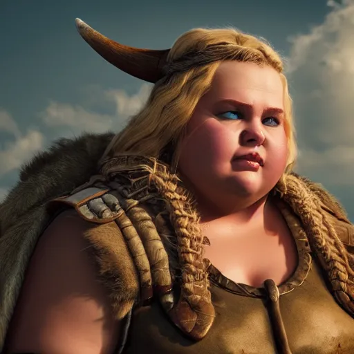 Image similar to a handsome corpulent viking girl with blond hair, clash royal style characters, unreal engine 5, octane render, detailed, cinematografic, cinema 4 d