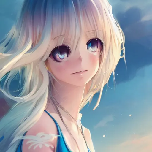 Image similar to a very beautiful anime girl, full body, long wavy blond hair, sky blue eyes, full round face, short smile, cute top, short jeans, summer lake setting, cinematic lightning, medium shot, mid-shot, highly detailed, trending on Artstation, Unreal Engine 4k, cinematic wallpaper by Stanley Artgerm Lau, WLOP, Rossdraws, James Jean, Andrei Riabovitchev, Marc Simonetti, and Sakimichan